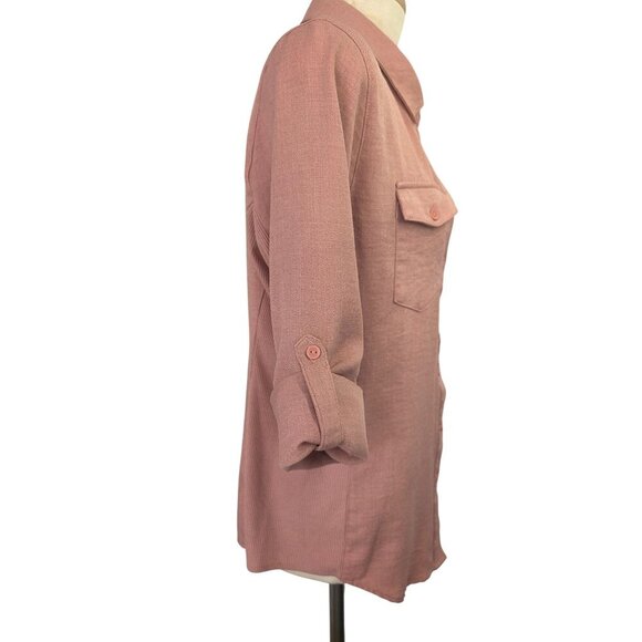 Cavalini Pink Button-Up Shirt Women Sz PL Roll-Tab Slv Collared Rib Knit Detail - Picture 9 of 9